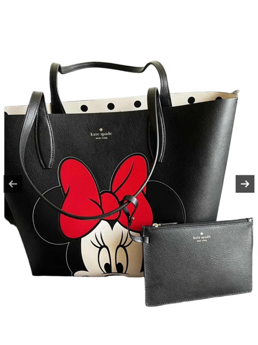 kate spade Black Tote with Red Minnie Bow Graphic and Matching Pouch